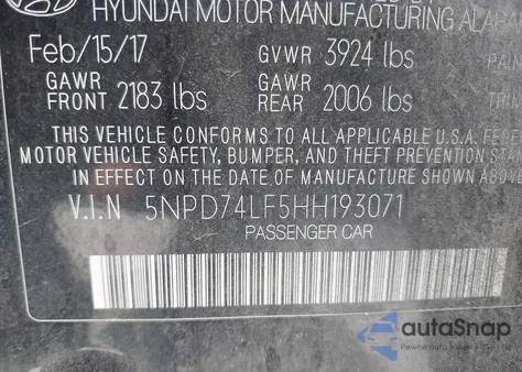 2017 Hyundai Elantra Se from USA, damaged, VIN 5NPD74LF5HH193071